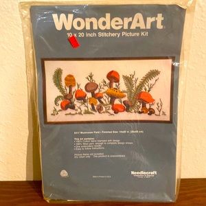 Vintage WonderArt 10x20 in Stitchery Picture Kit. 5317 Mushroom Field. Brand New